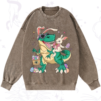 Purplehecate Easter Bunny Riding Dinosaur Washed Sweatshirt