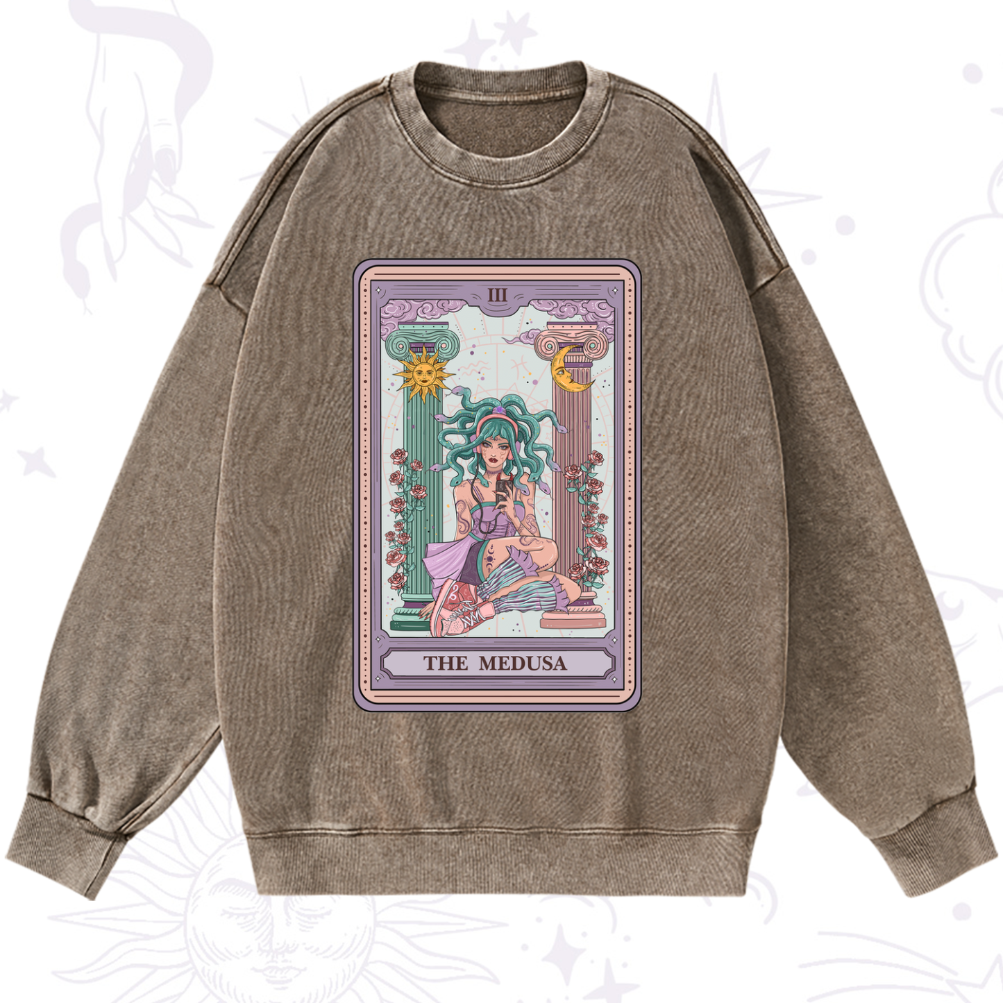Purplehecate The Fashionable Medusa Tarot Card Washed Sweatshirt