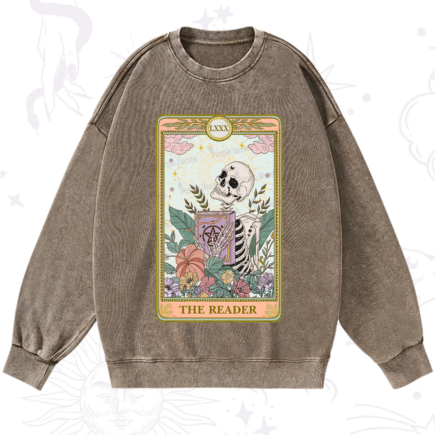 Purplehecate The Reader Occult Tarot Skeleton Washed Sweatshirt