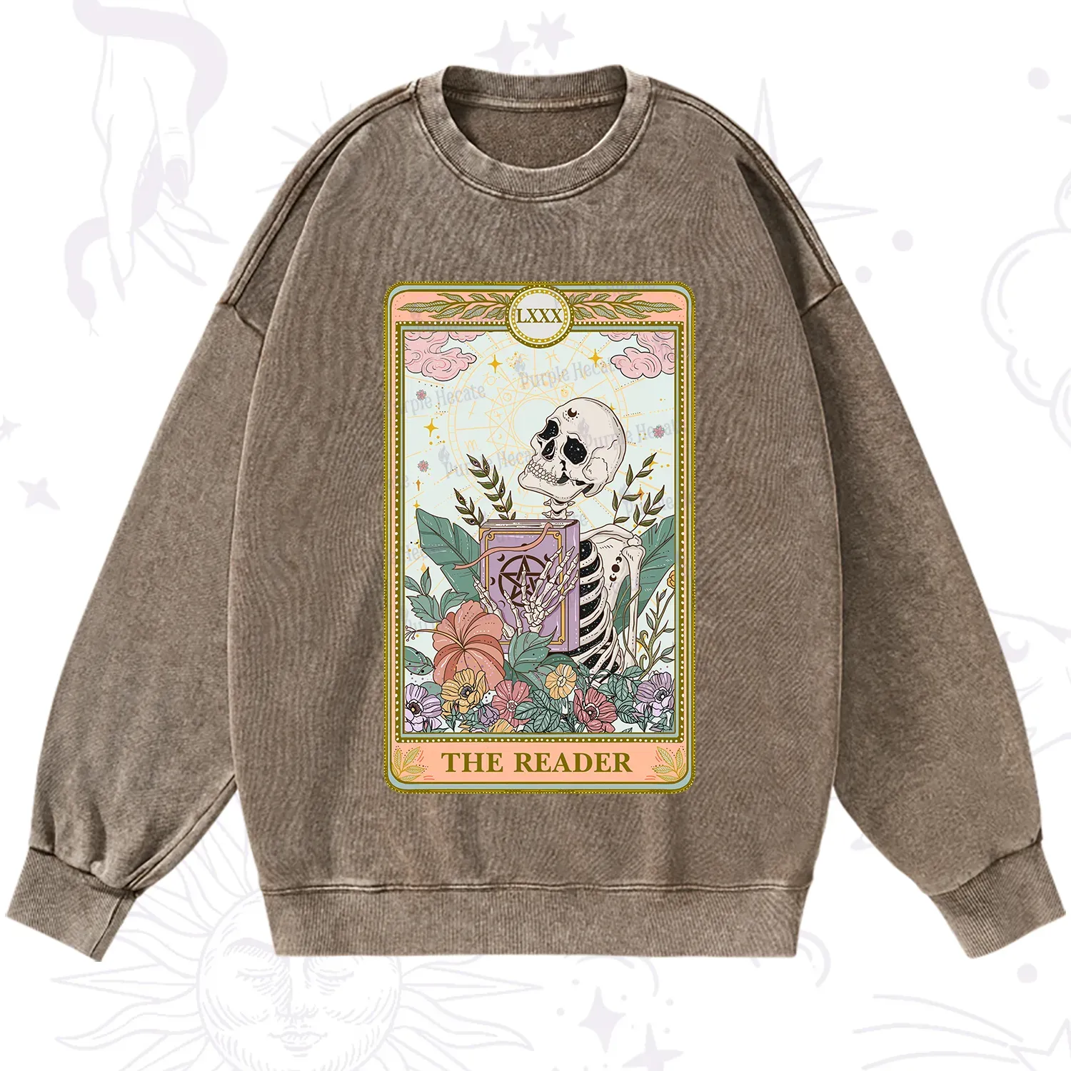 Purplehecate The Reader Occult Tarot Skeleton Washed Sweatshirt