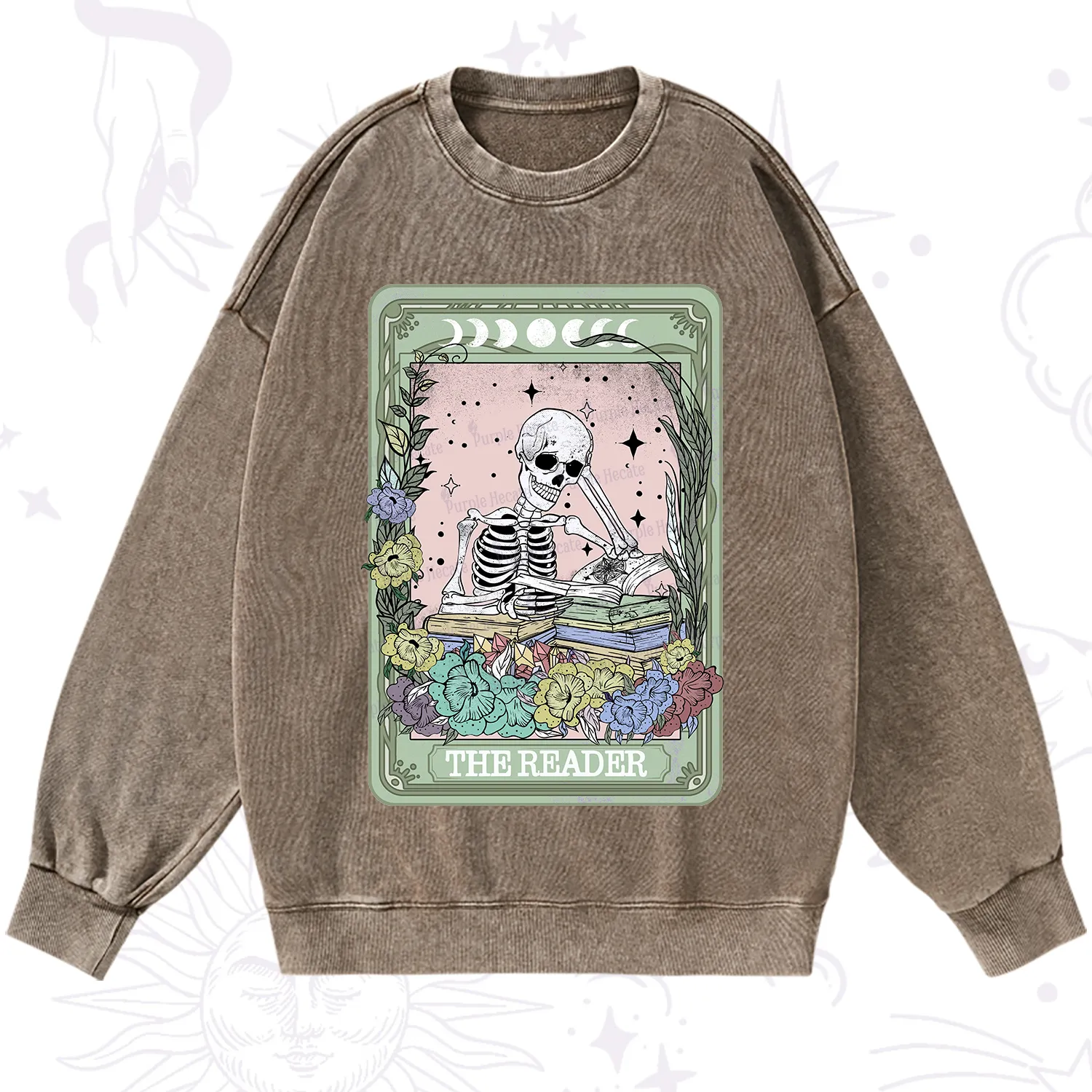 Purplehecate The Reader Bookworm Tarot Skeleton Washed Sweatshirt