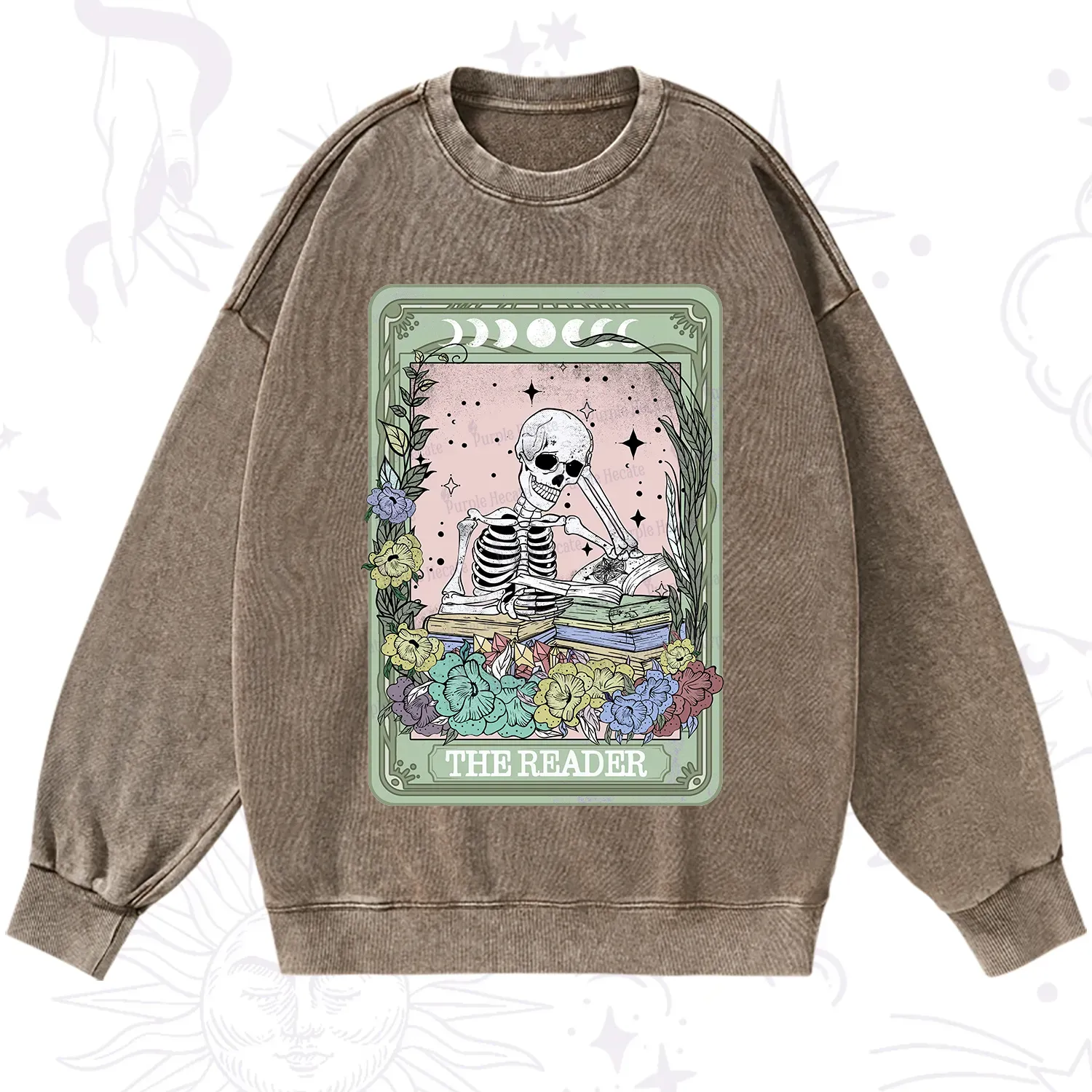 Purplehecate The Reader Bookworm Tarot Skeleton Washed Sweatshirt