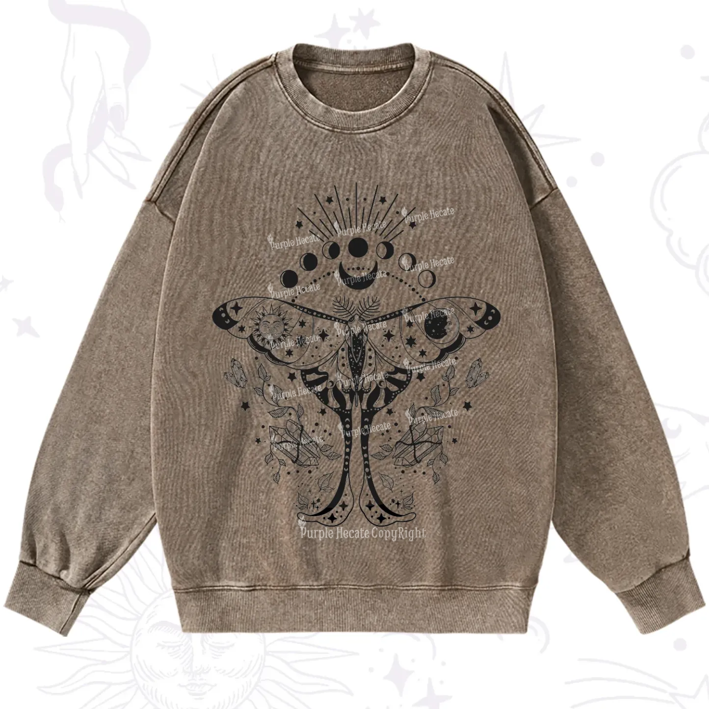 Purplehecate Moonlit Celestial Moth Washed Sweatshirt