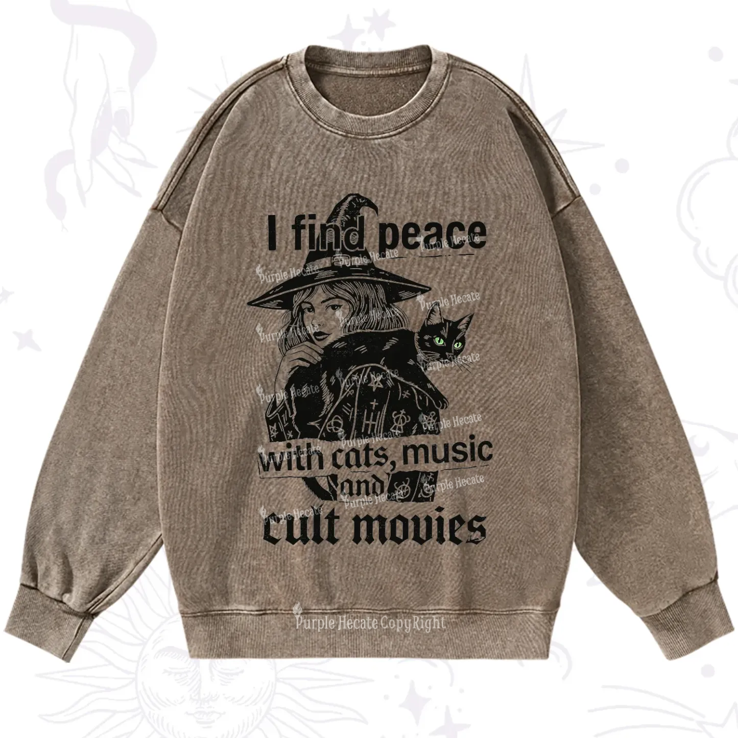 Purplehecate I Find Peace With Cats Music Cult Movies Washed Sweatshirt