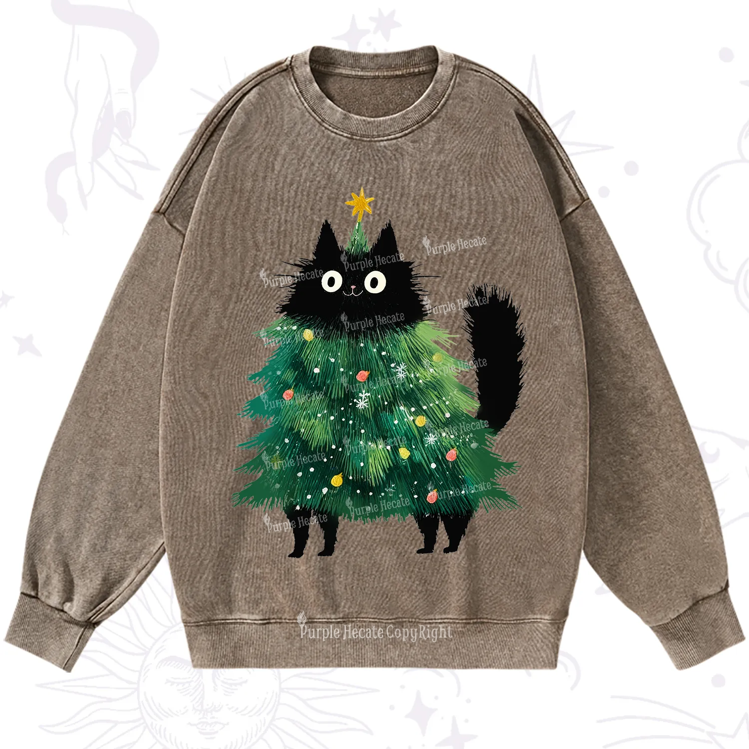 Purplehecate Black Cats Christmas Tree Christmas Washed Sweatshirt