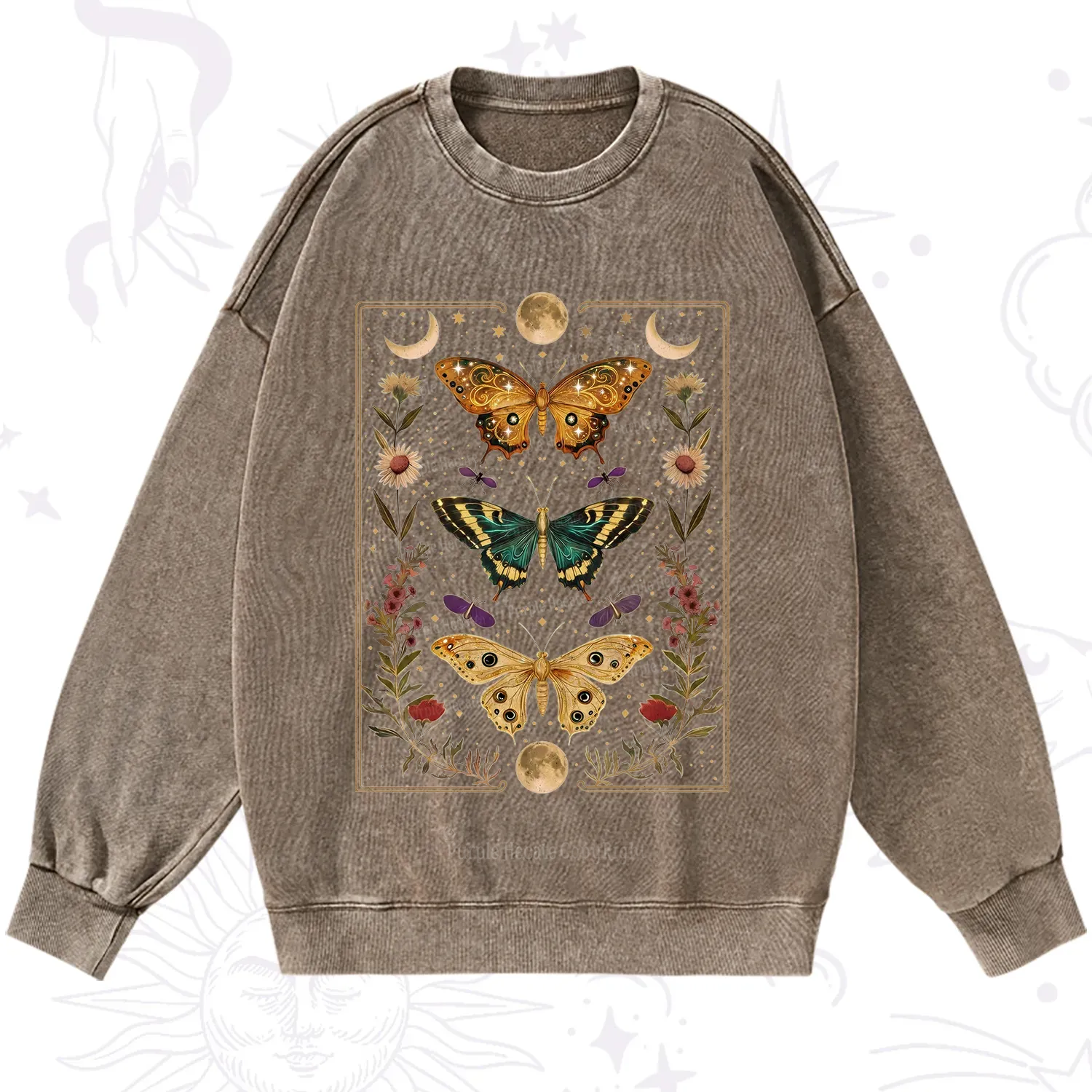 Purplehecate Sun and Moon Butterfly Washed Sweatshirt