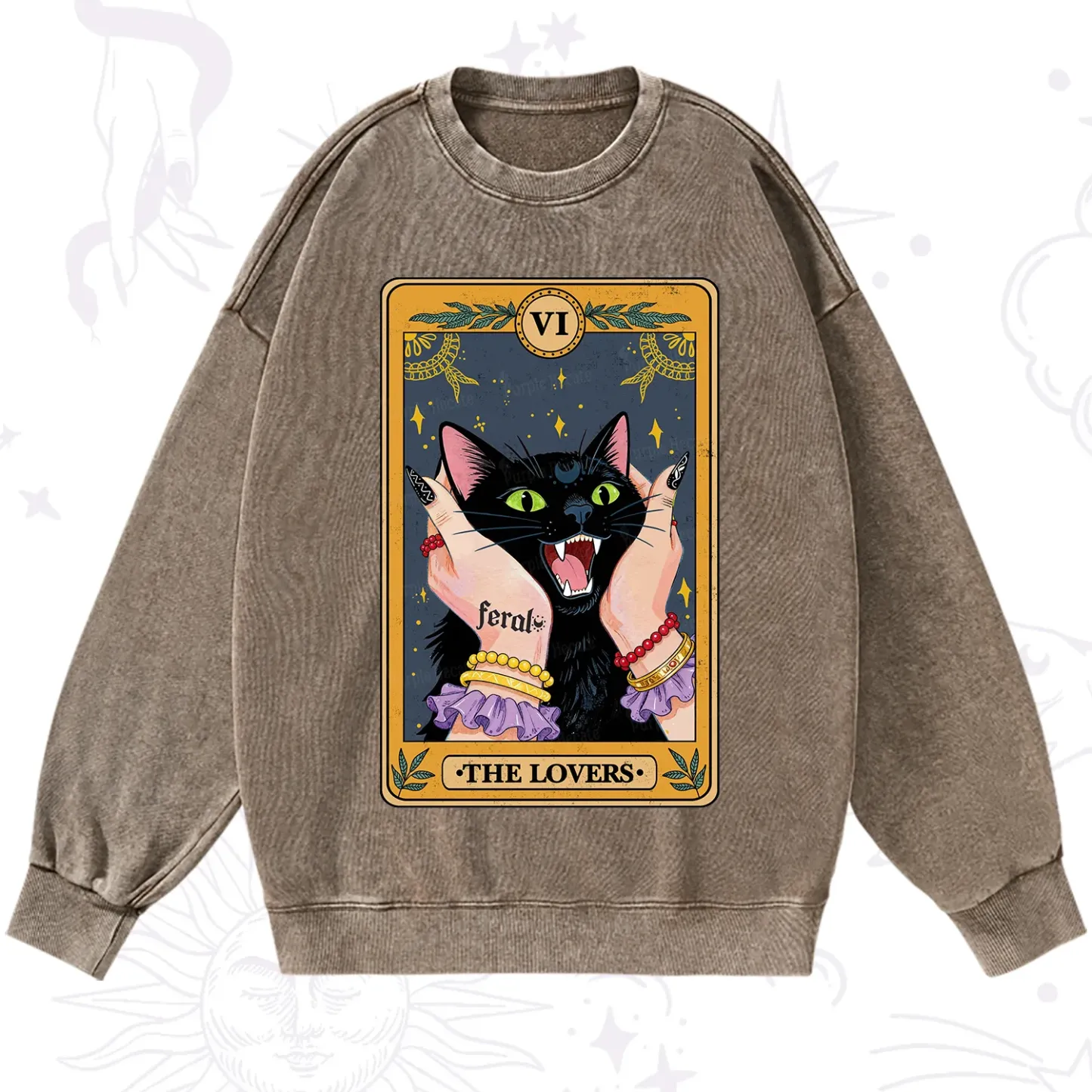 Purplehecate The Lovers Tarot Feral Cat Washed Sweatshirt
