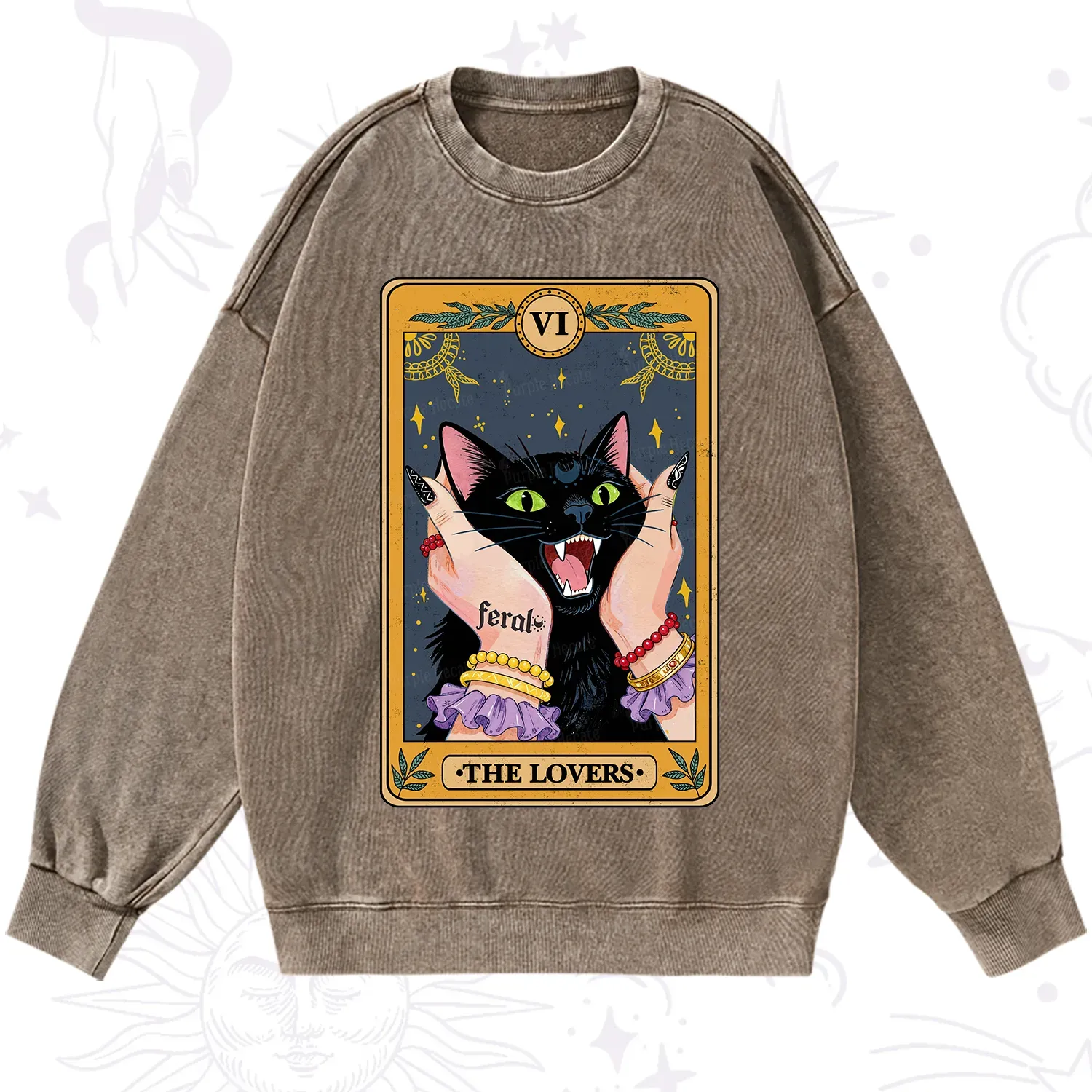 Purplehecate The Lovers Tarot Feral Cat Washed Sweatshirt