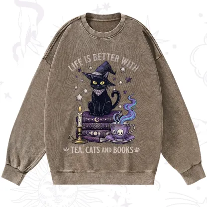 Purplehecate Life Is Better With Cats And Books Washed Sweatshirt