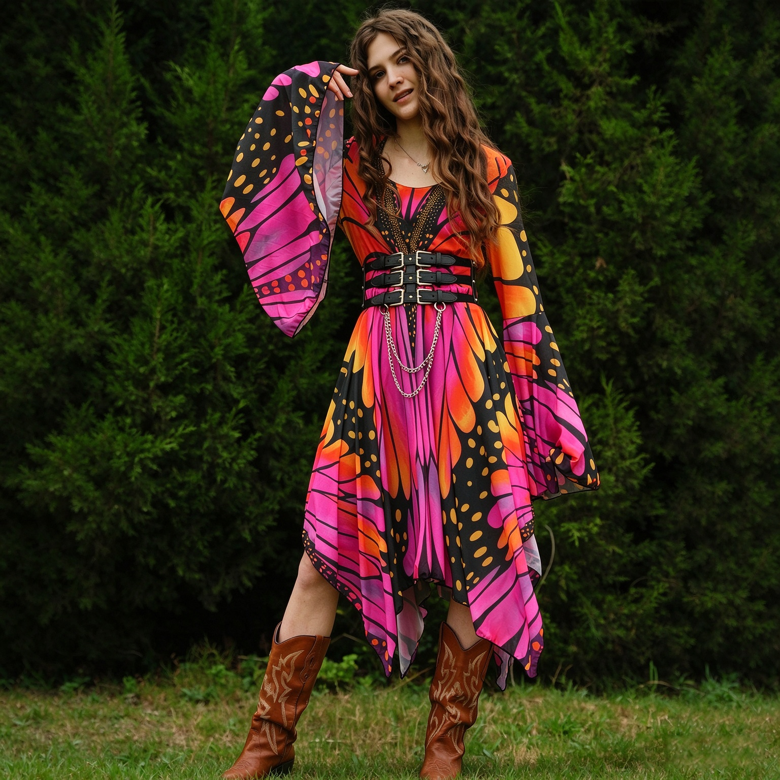 Purplehecate Butterfly Wings Bell Sleeve Dress