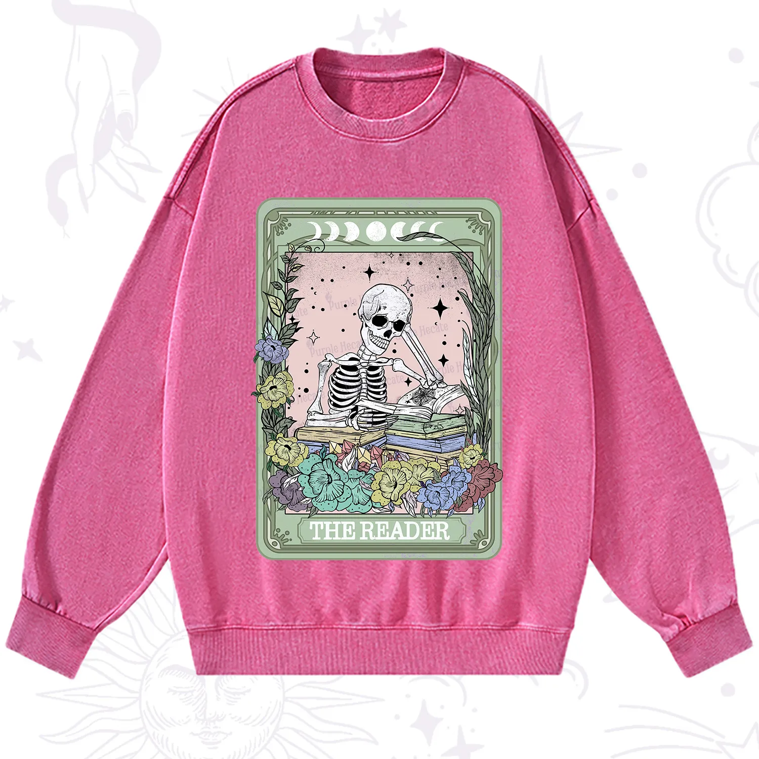 Purplehecate The Reader Bookworm Tarot Skeleton Washed Sweatshirt