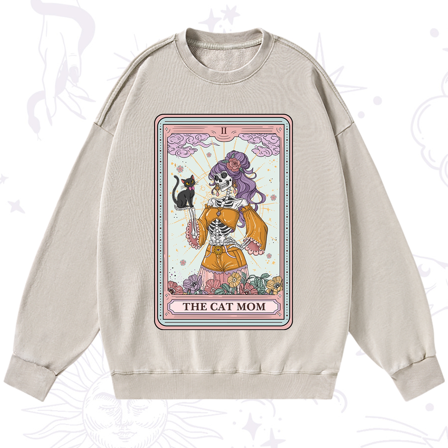 Purplehecate The Skeleton Cat Mom Tarot Card Washed Sweatshirt