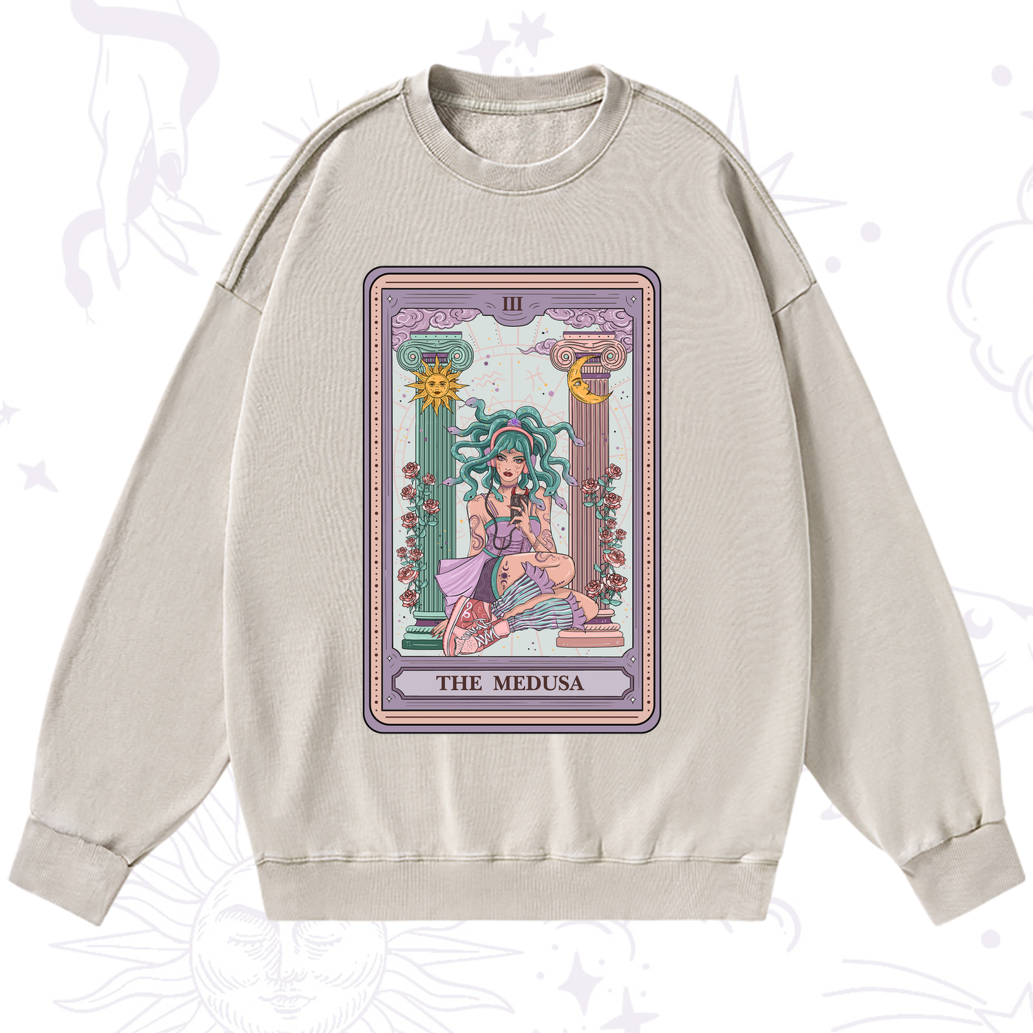 Purplehecate The Fashionable Medusa Tarot Card Washed Sweatshirt