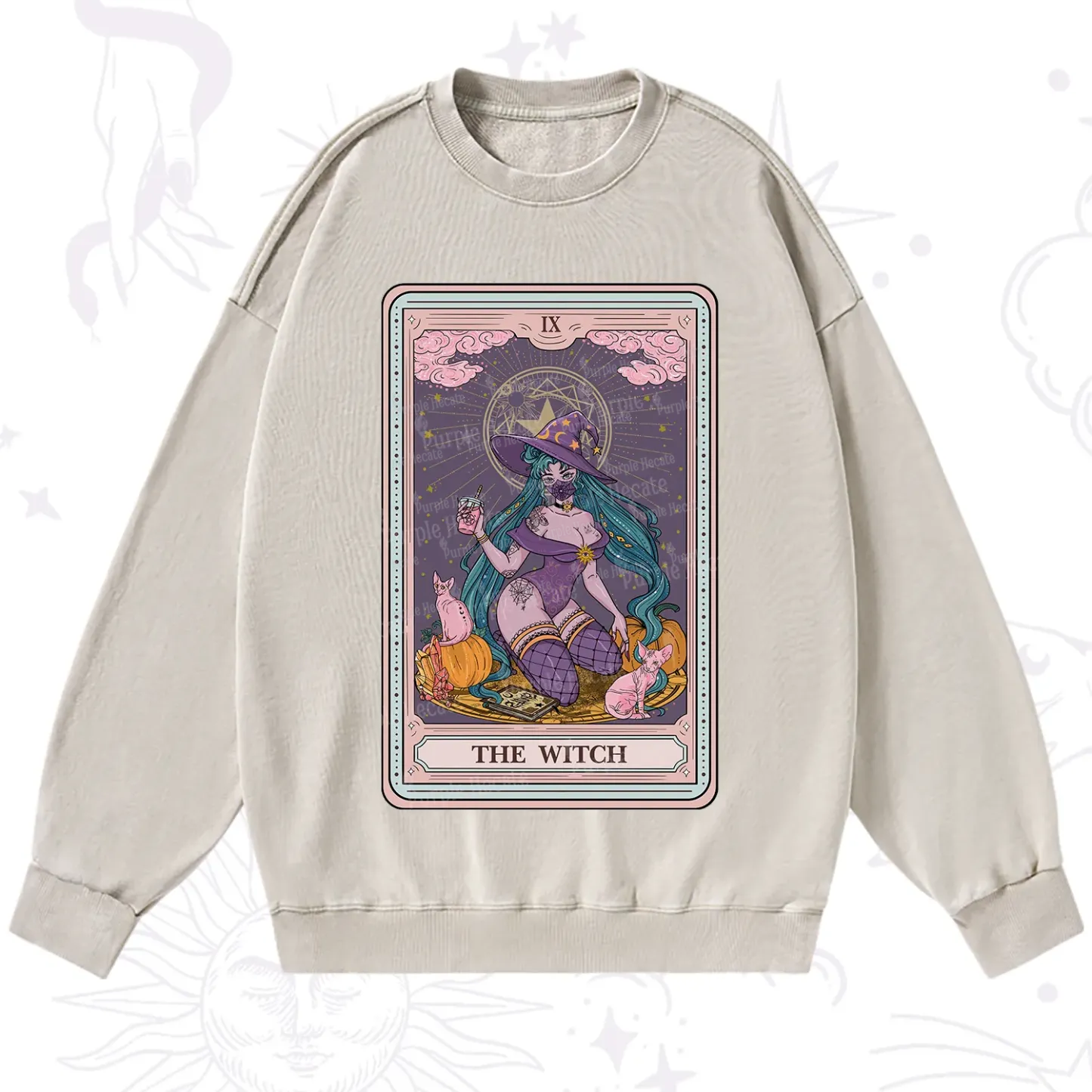 Purplehecate The Witch Tarot Halloween Washed Sweatshirt