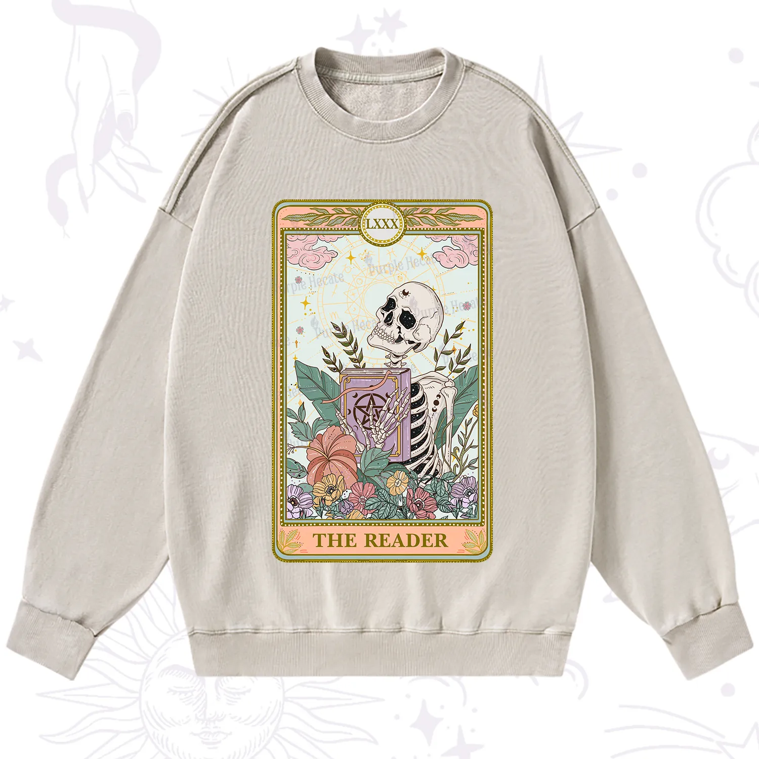 Purplehecate The Reader Occult Tarot Skeleton Washed Sweatshirt