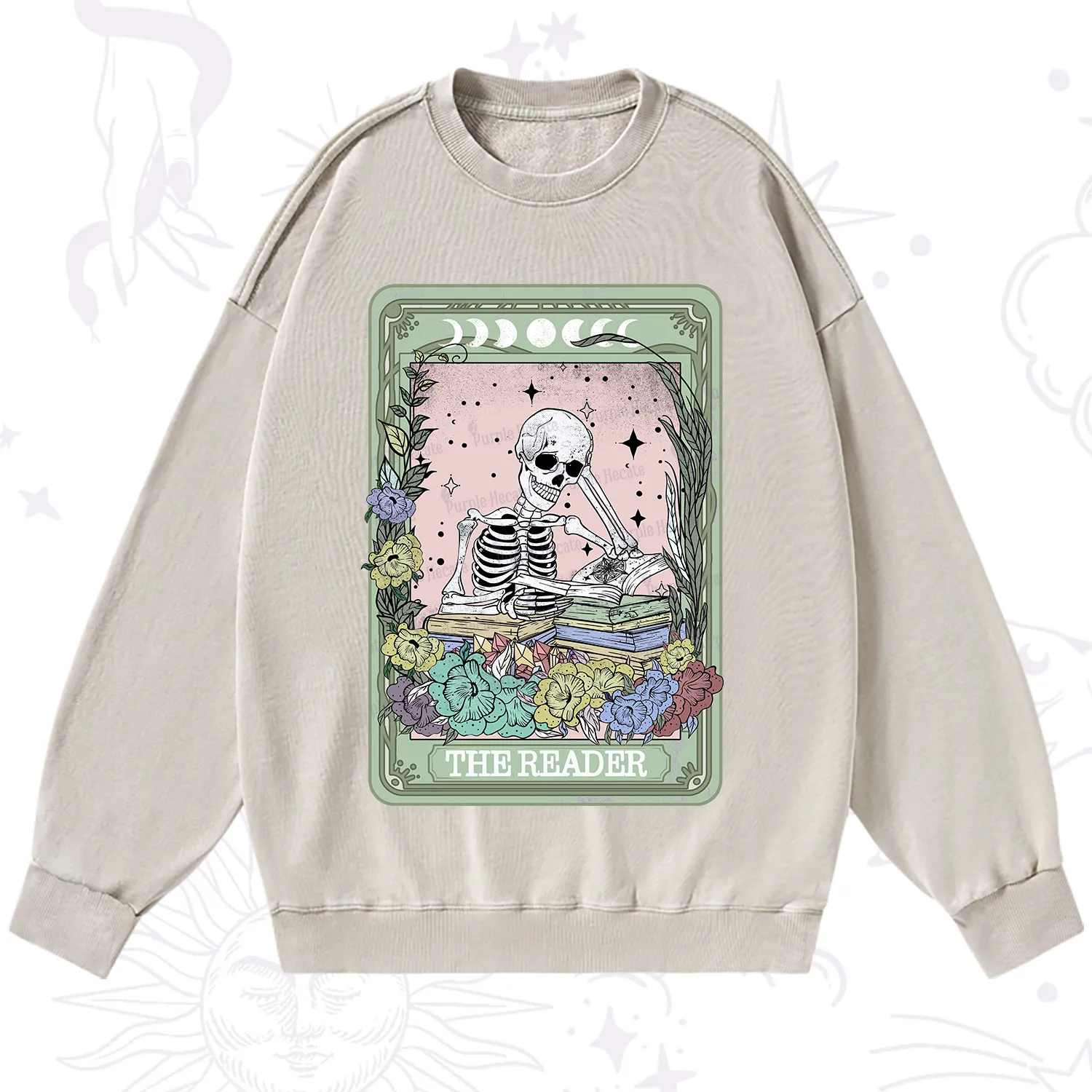 Purplehecate The Reader Bookworm Tarot Skeleton Washed Sweatshirt