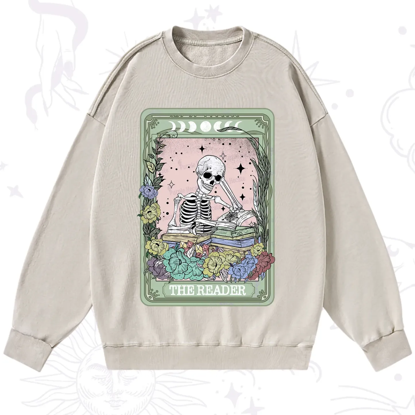 Purplehecate The Reader Bookworm Tarot Skeleton Washed Sweatshirt
