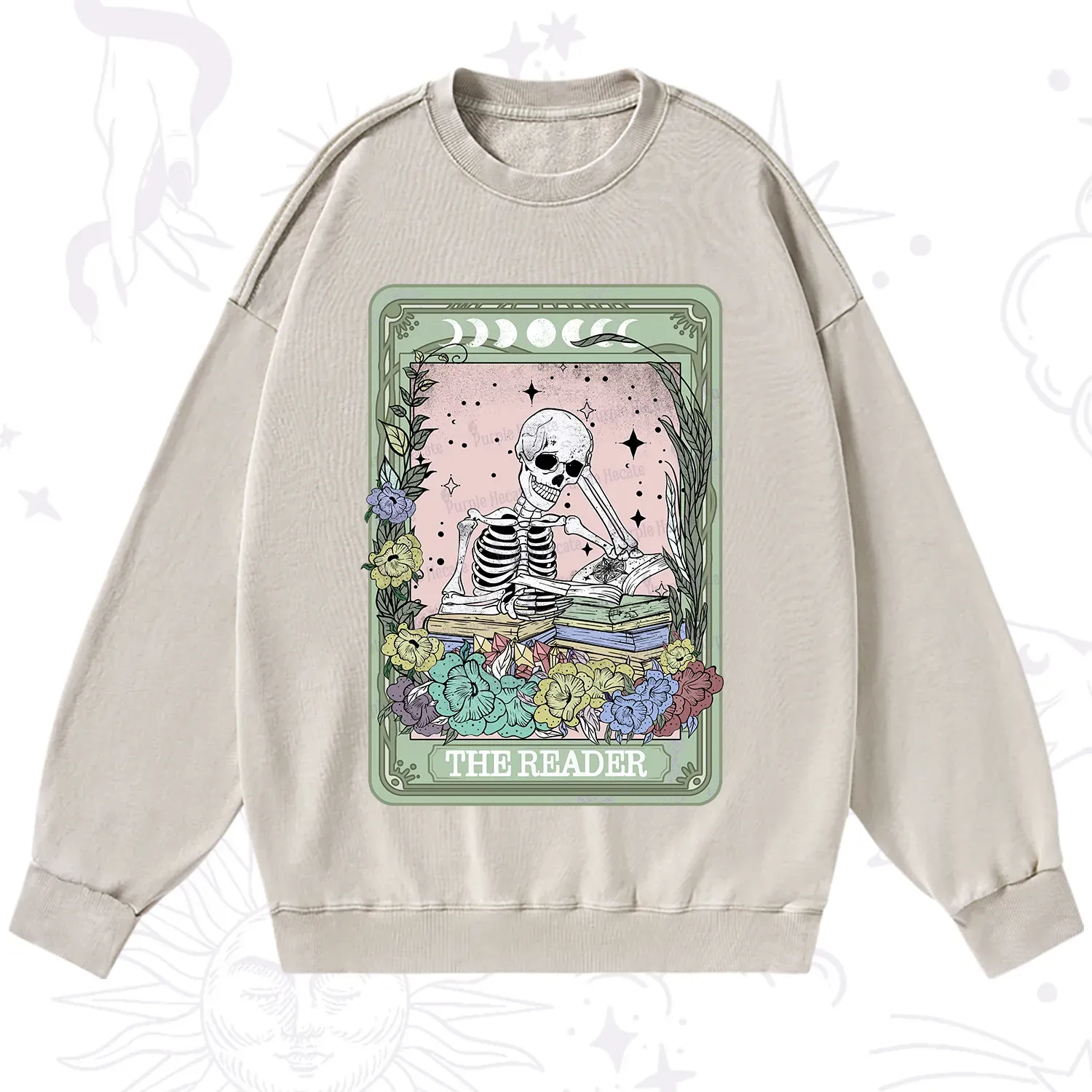 Purplehecate The Reader Bookworm Tarot Skeleton Washed Sweatshirt
