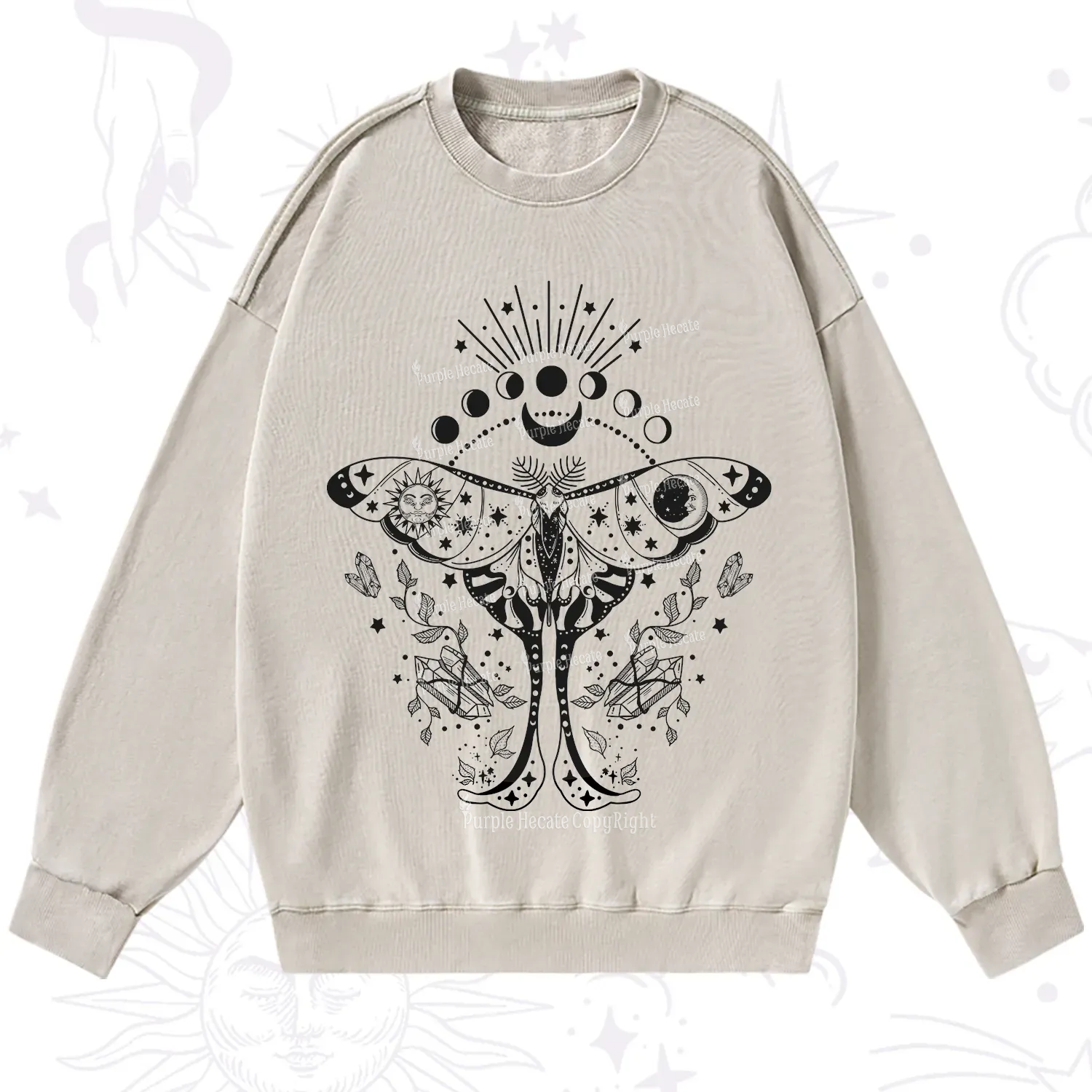 Purplehecate Moonlit Celestial Moth Washed Sweatshirt