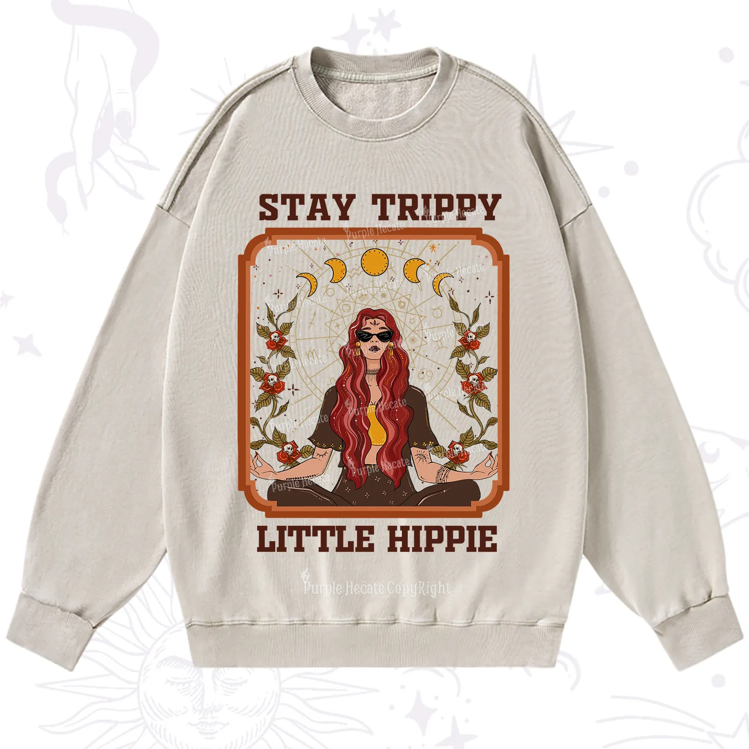Purplehecate Stay Trippy Little Witchy Hippie Washed Sweatshirt