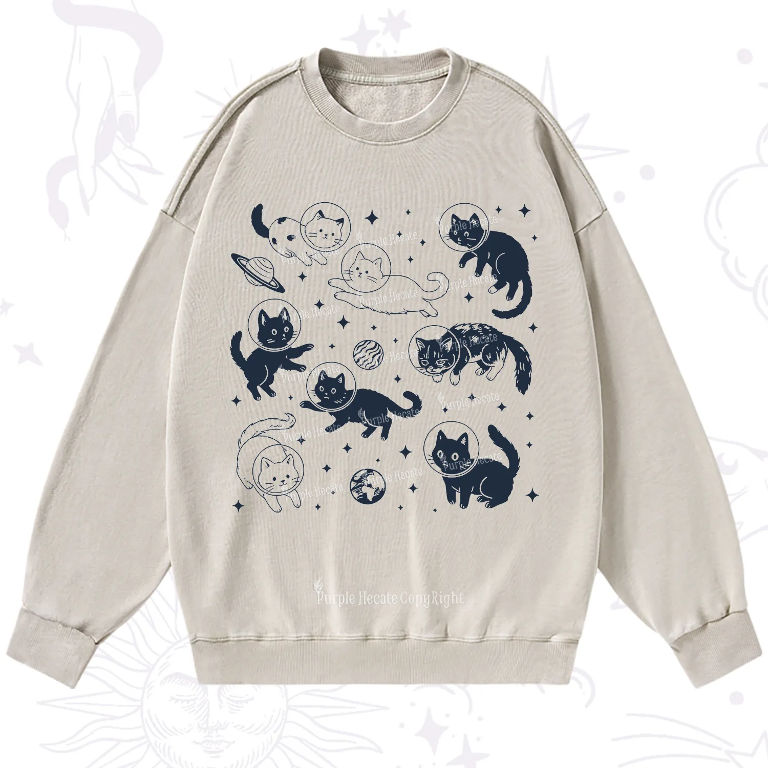 Purplehecate Cats in Space Washed Sweatshirt