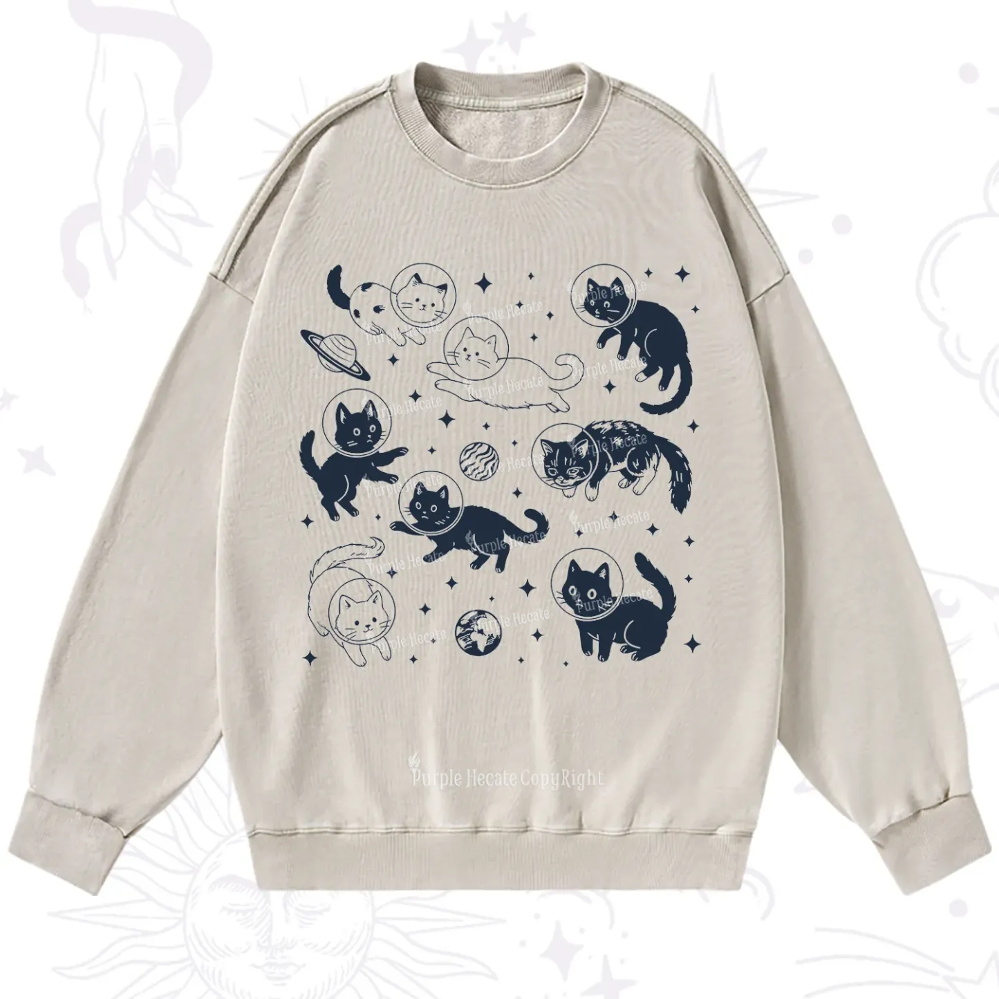 Purplehecate Cats in Space Washed Sweatshirt