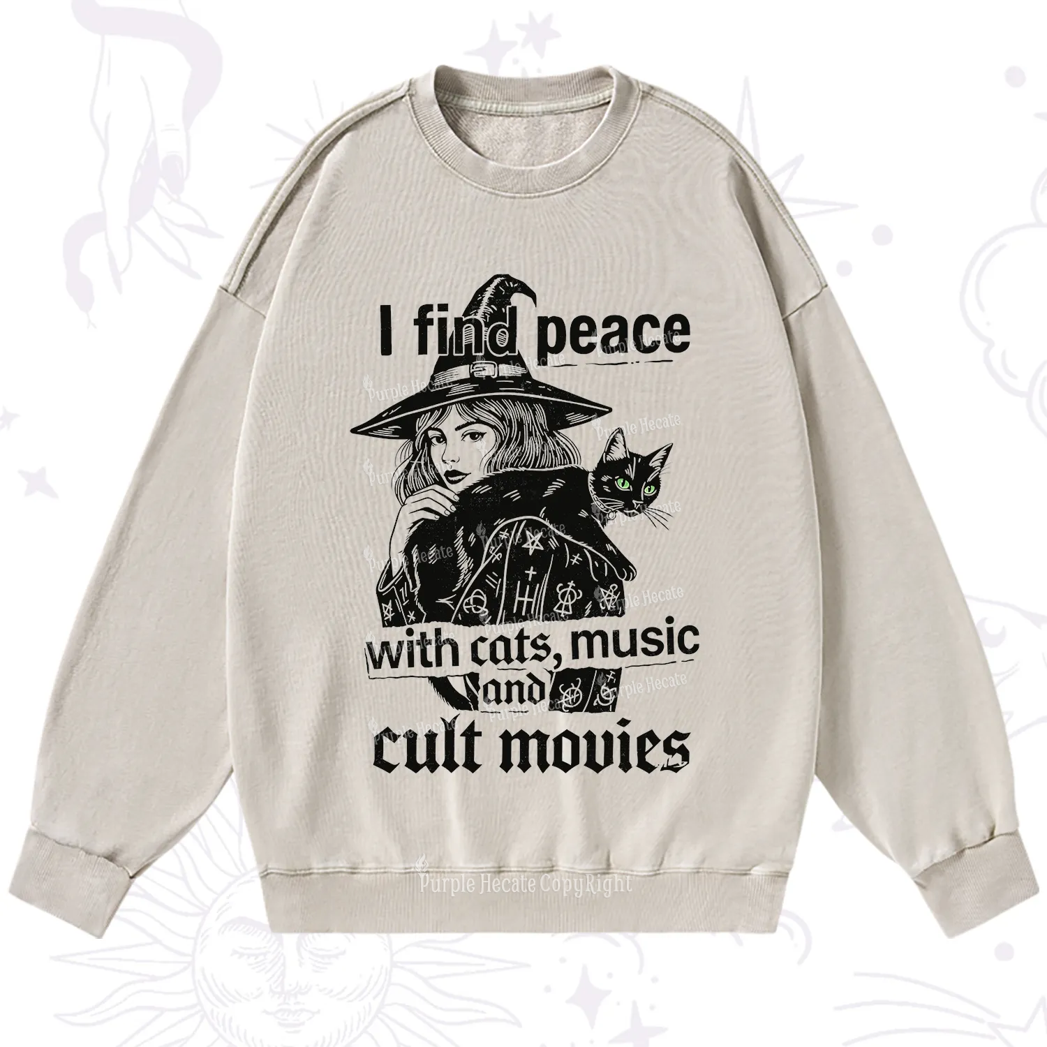 Purplehecate I Find Peace With Cats Music Cult Movies Washed Sweatshirt