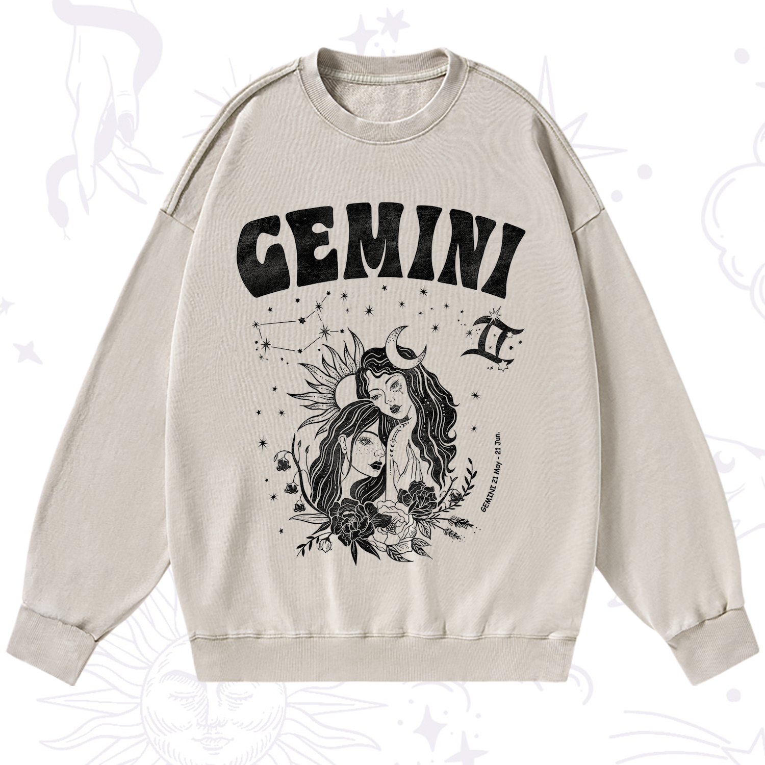 Purplehecate Gemini Zodiac Glyphs  Washed Sweatshirt