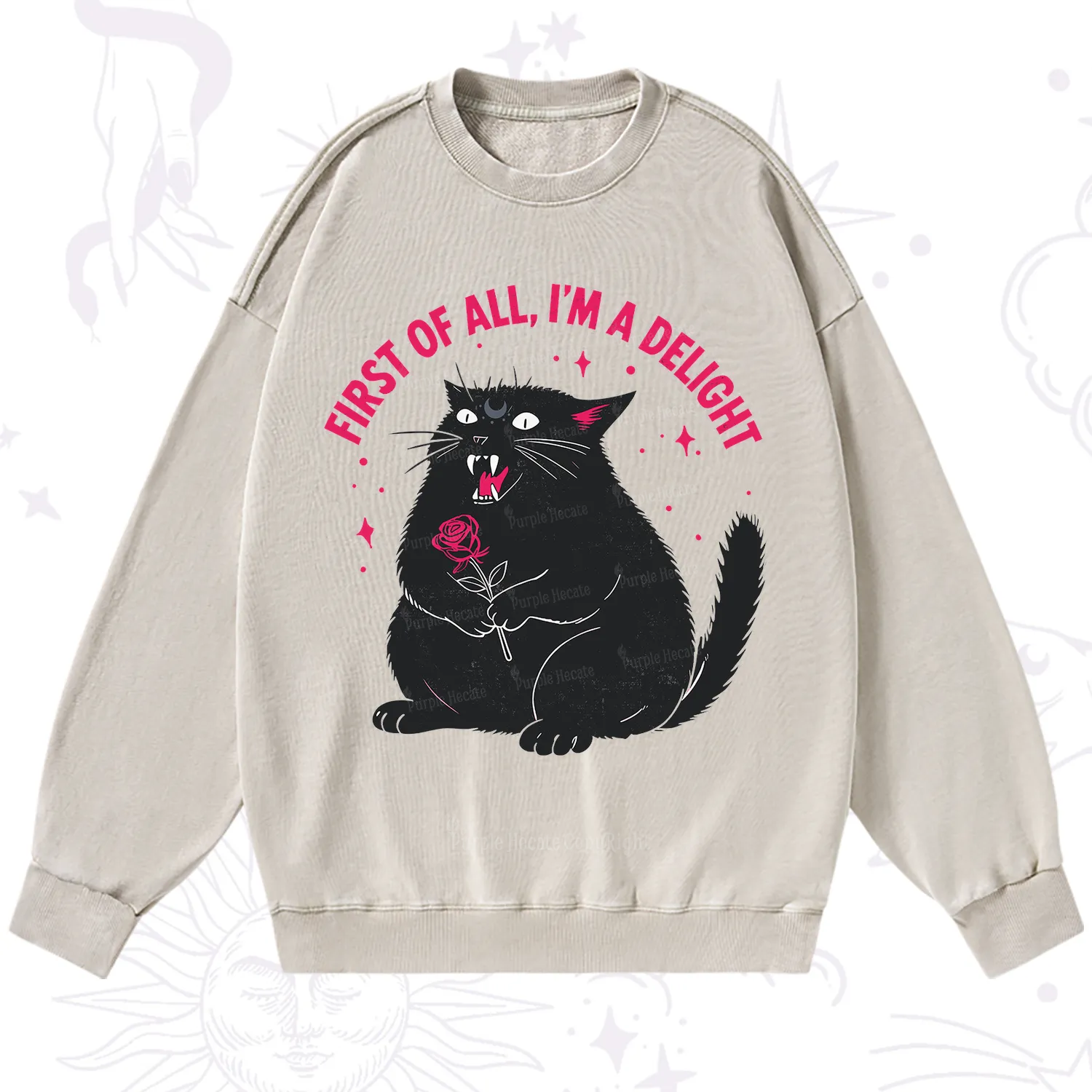 Purplehecate First Of All I'm A Delight Cat Washed Sweatshirt