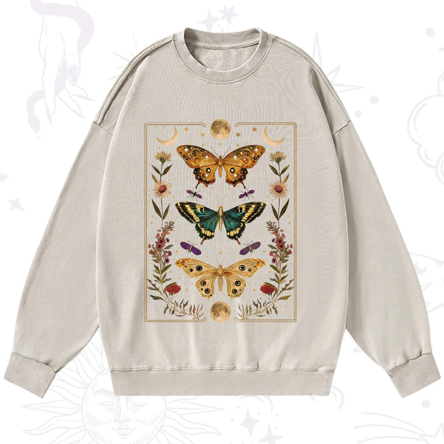 Purplehecate Sun and Moon Butterfly Washed Sweatshirt