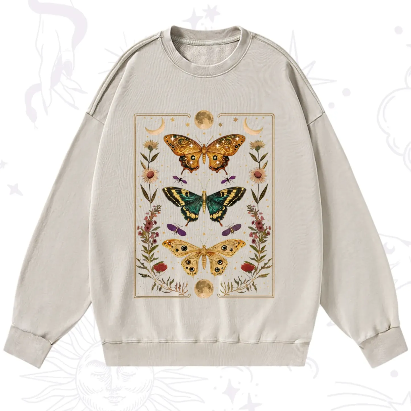 Purplehecate Sun and Moon Butterfly Washed Sweatshirt