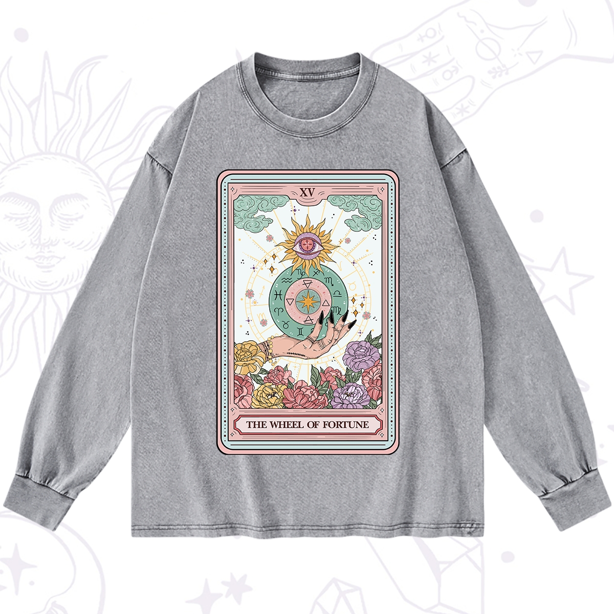 Purplehecate The Wheel of Fortune Tarot Card Washed Long Sleeve Shirt