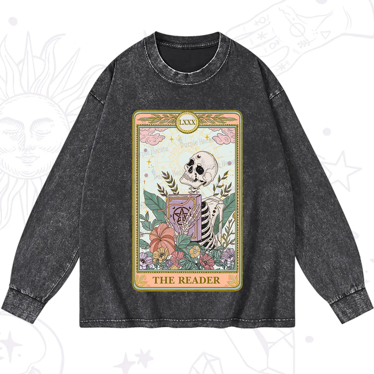 Purplehecate The Reader Occult Tarot Skeleton Washed Long Sleeve Shirt