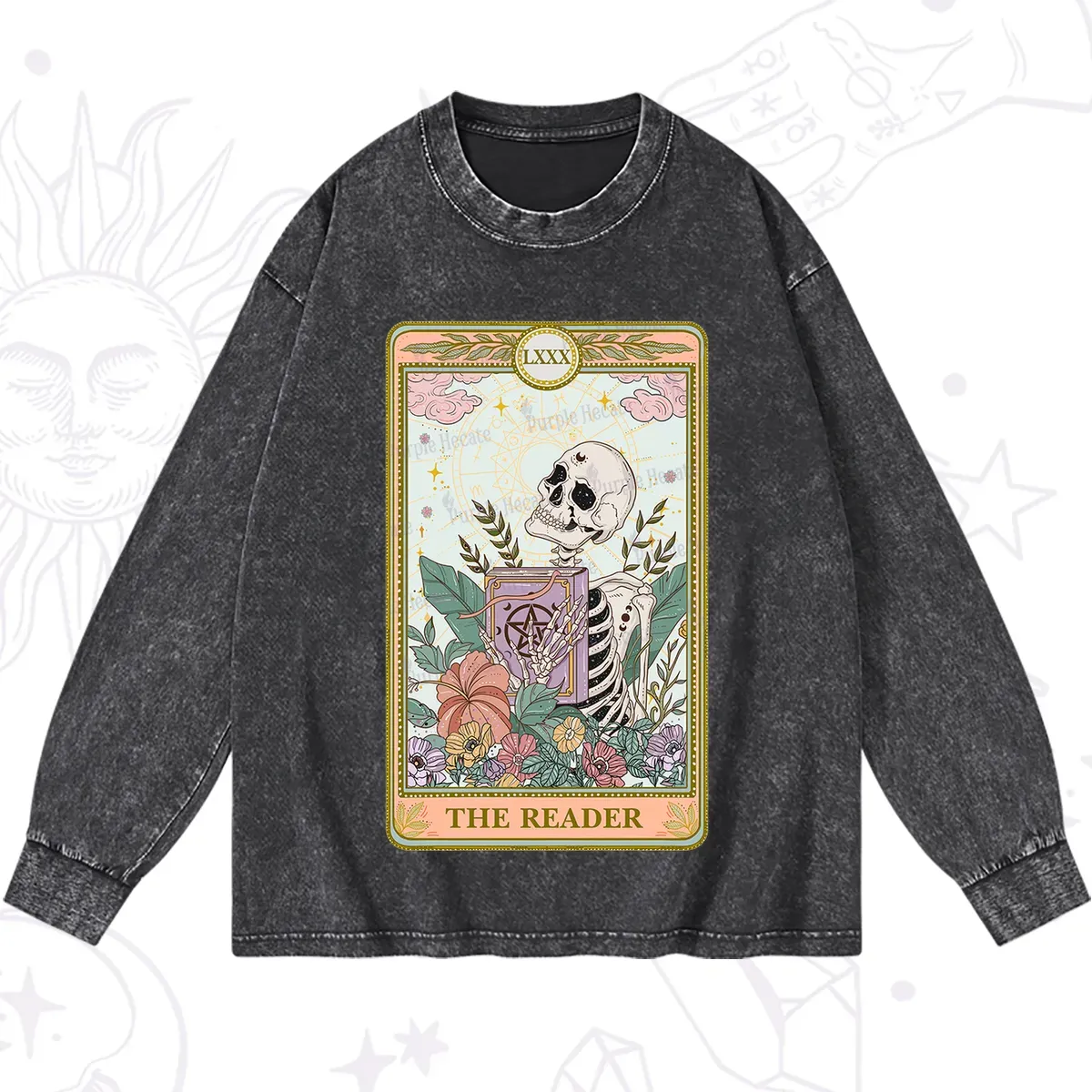 Purplehecate The Reader Occult Tarot Skeleton Washed Long Sleeve Shirt