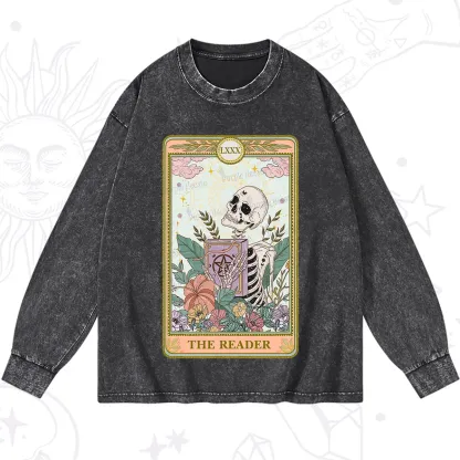 Purplehecate The Reader Occult Tarot Skeleton Washed Long Sleeve Shirt