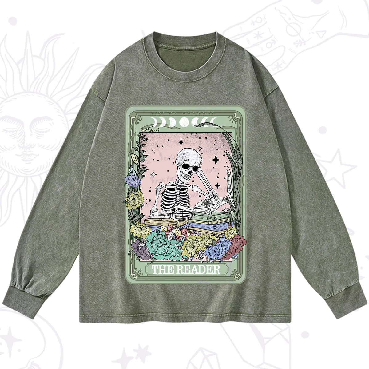 Purplehecate The Reader Bookworm Tarot Skeleton Washed Long Sleeve Shirt