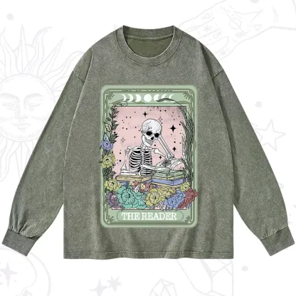 Purplehecate The Reader Bookworm Tarot Skeleton Washed Long Sleeve Shirt