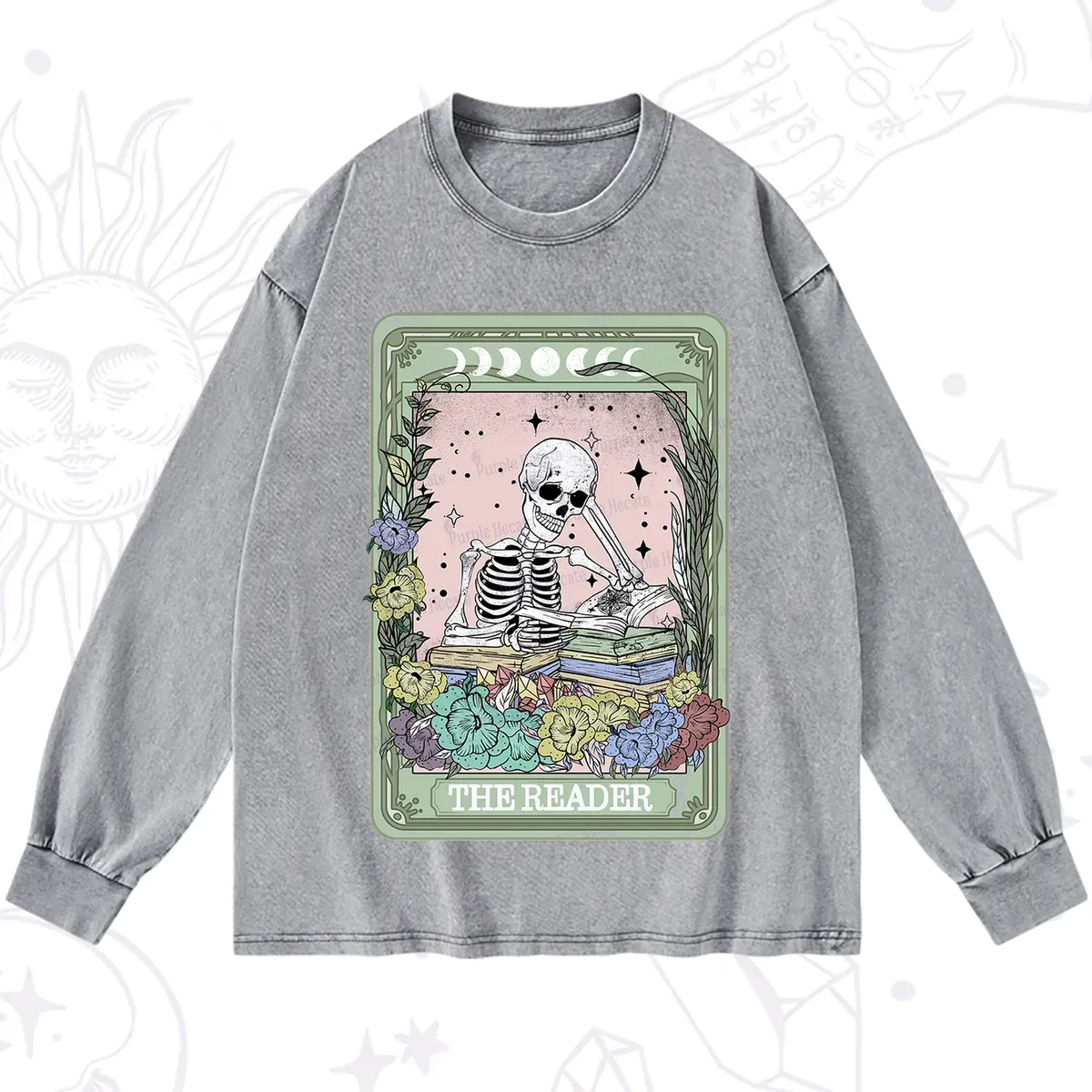 Purplehecate The Reader Bookworm Tarot Skeleton Washed Long Sleeve Shirt