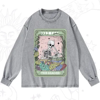 Purplehecate The Reader Bookworm Tarot Skeleton Washed Long Sleeve Shirt