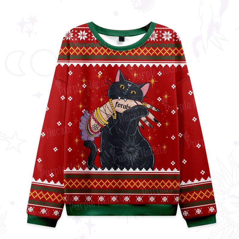 Purplehecate Feral Witch Cat Ugly Christmas Sweatshirts