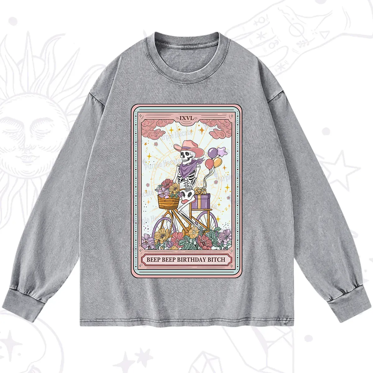 Purplehecate The Beep Beep Birthday Bitch Tarot Washed Long Sleeve Shirt