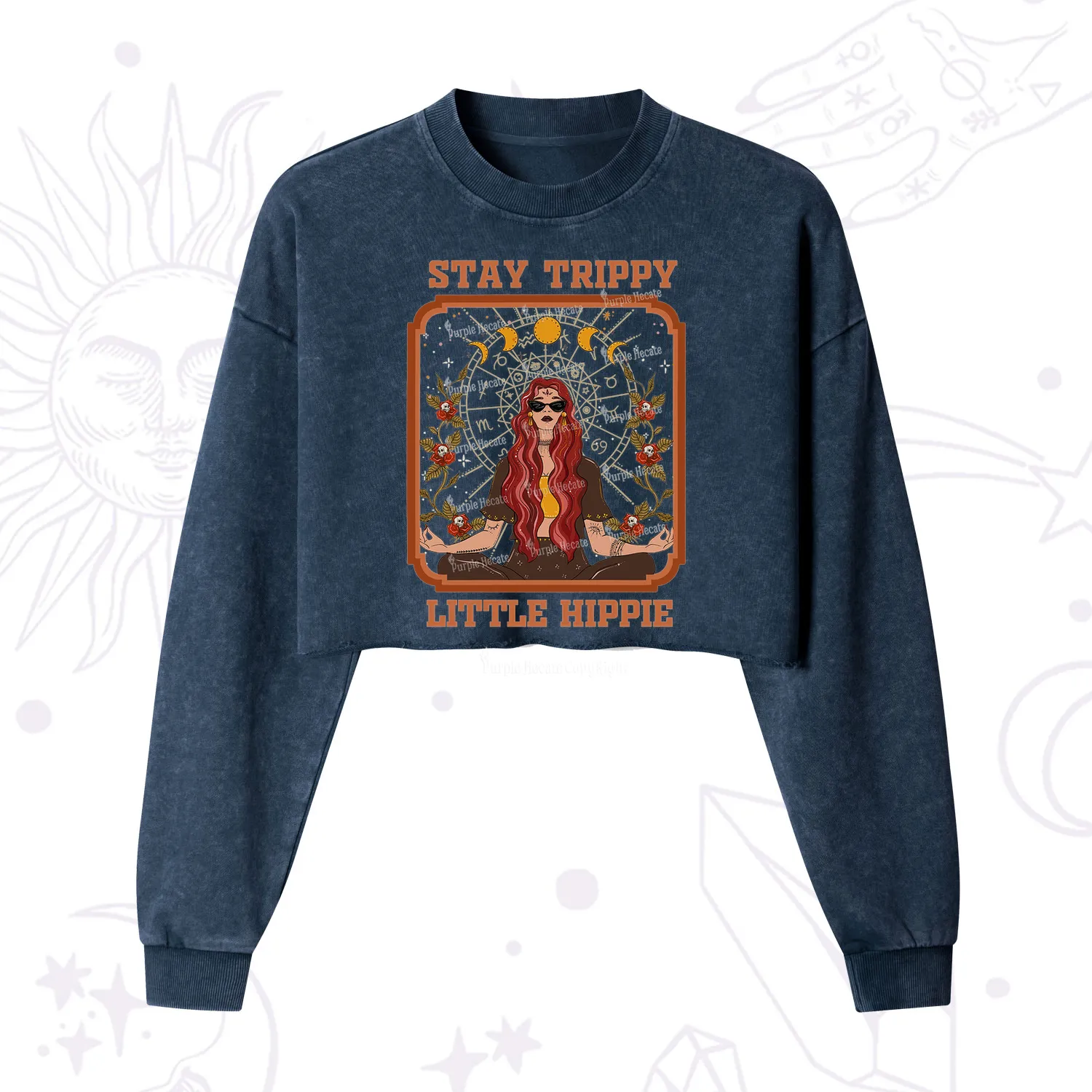 Purplehecate Stay Trippy Little Witchy Hippie Cropped Washed Sweatshirt