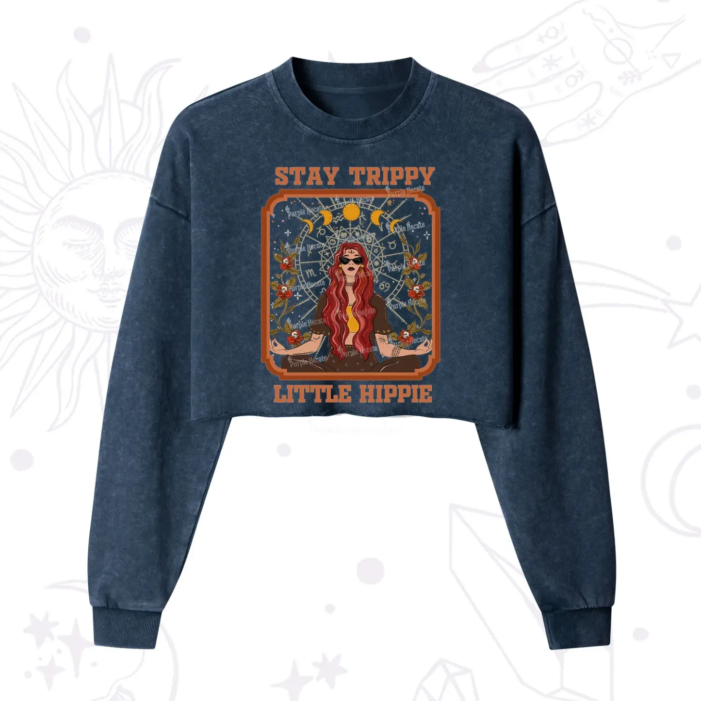 Purplehecate Stay Trippy Little Witchy Hippie Cropped Washed Sweatshirt