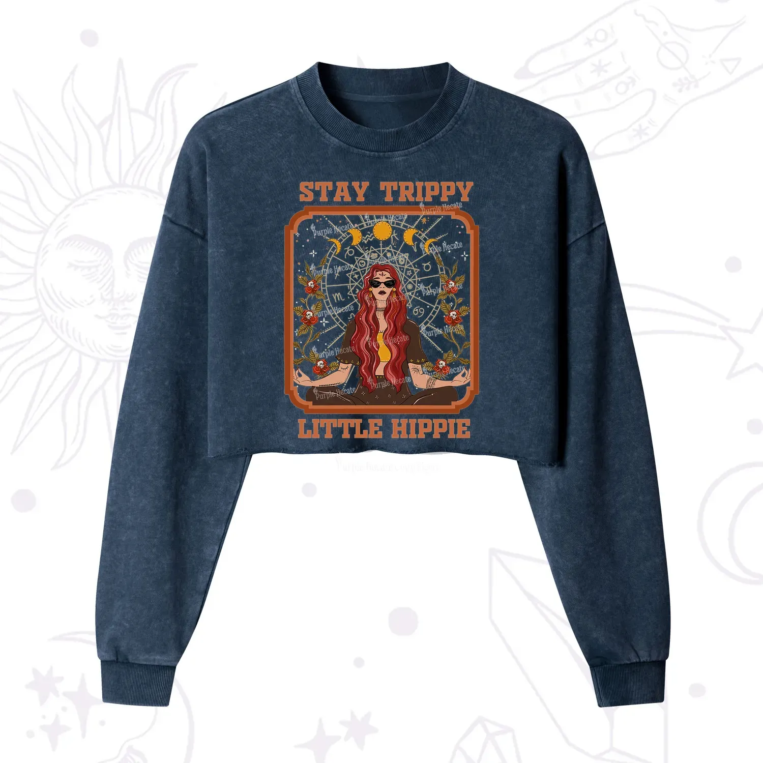 Purplehecate Stay Trippy Little Witchy Hippie Cropped Washed Sweatshirt