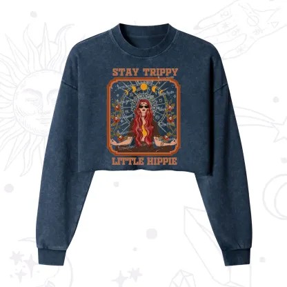 Purplehecate Stay Trippy Little Witchy Hippie Cropped Washed Sweatshirt