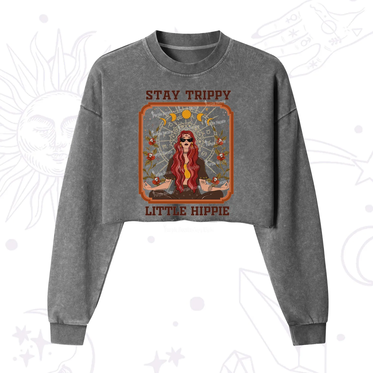 Purplehecate Stay Trippy Little Witchy Hippie Cropped Washed Sweatshirt