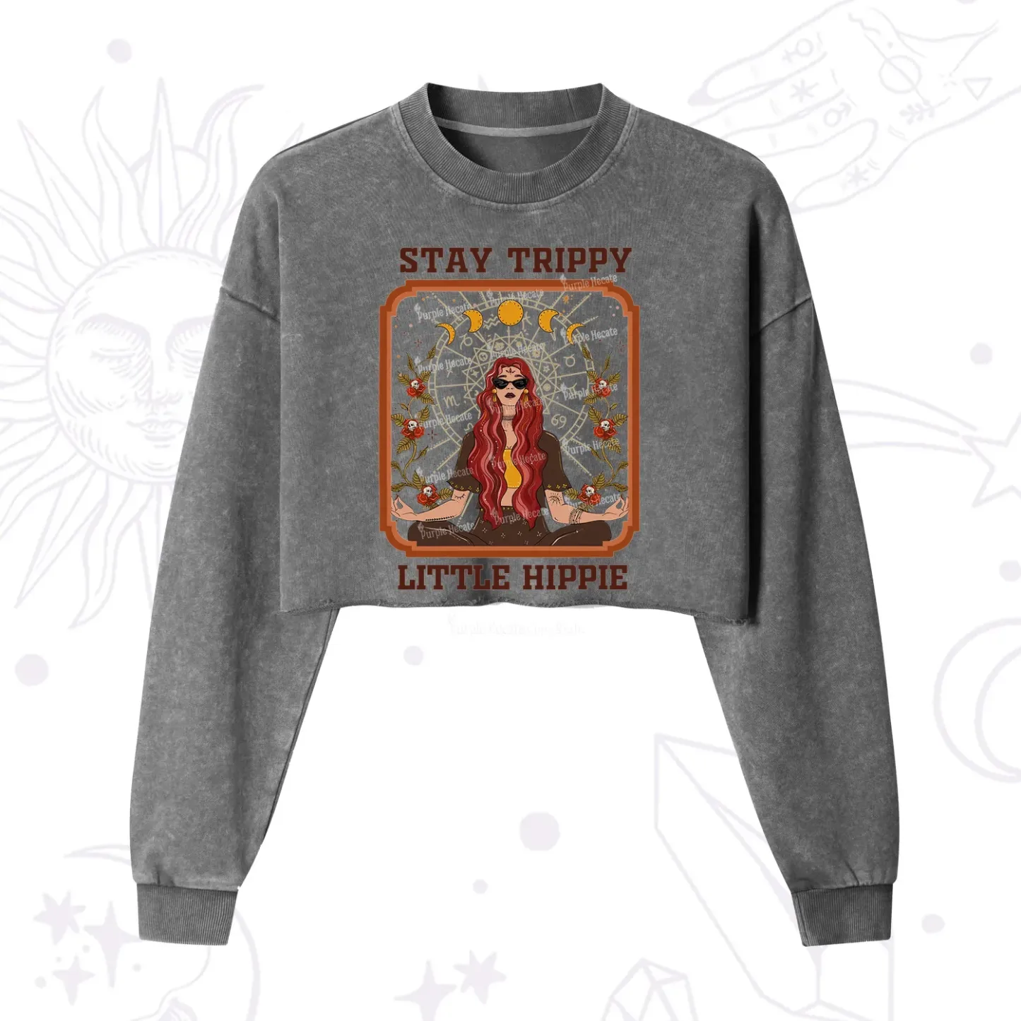 Purplehecate Stay Trippy Little Witchy Hippie Cropped Washed Sweatshirt