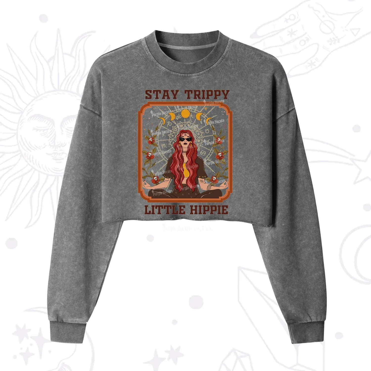 Purplehecate Stay Trippy Little Witchy Hippie Cropped Washed Sweatshirt