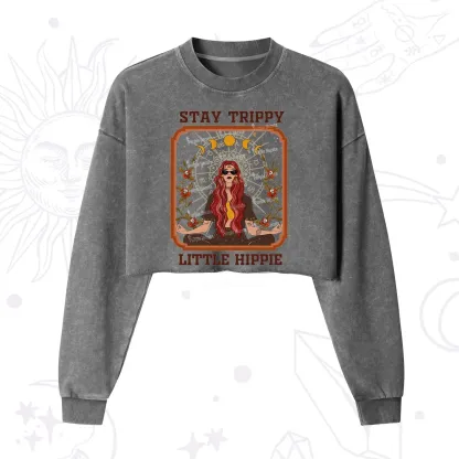 Purplehecate Stay Trippy Little Witchy Hippie Cropped Washed Sweatshirt