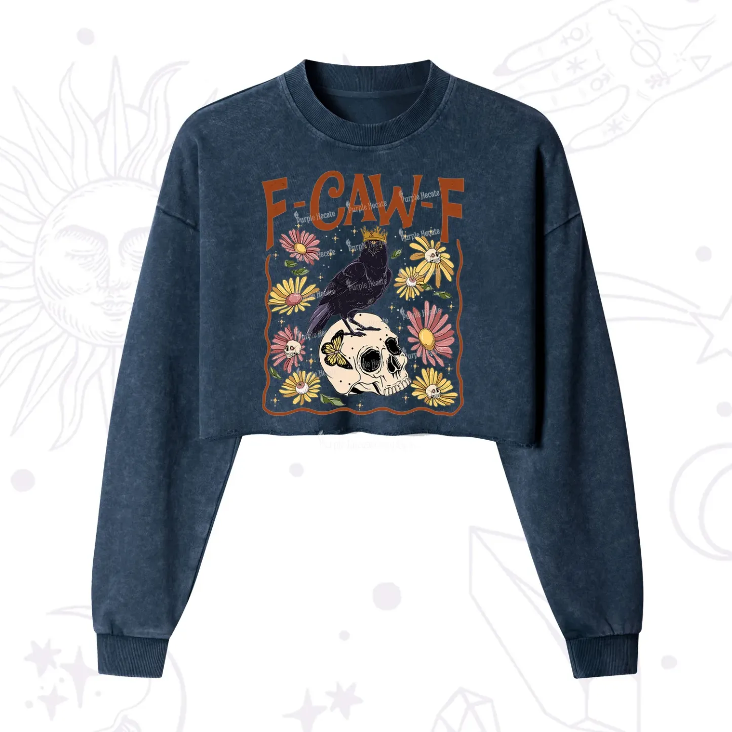 Purplehecate Funny F-Caw-F Crow Cropped Washed Sweatshirt